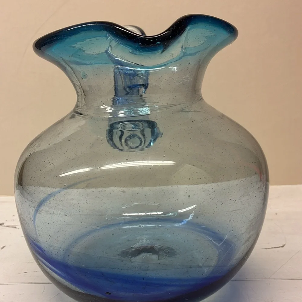 Hand Blown Blue Swirl Pitcher W/ Applied Handle Elegant Blue Glass Pitcher